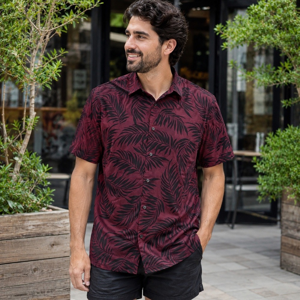 Express Shirt Mens XL Burgundy Cotton Tropical Palm Leaf Print Casual Button Up